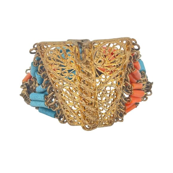Egyptian Revival Antique Faience Coral and Turquoise Bracelets Art Deco, Estate - Picture 9 of 11
